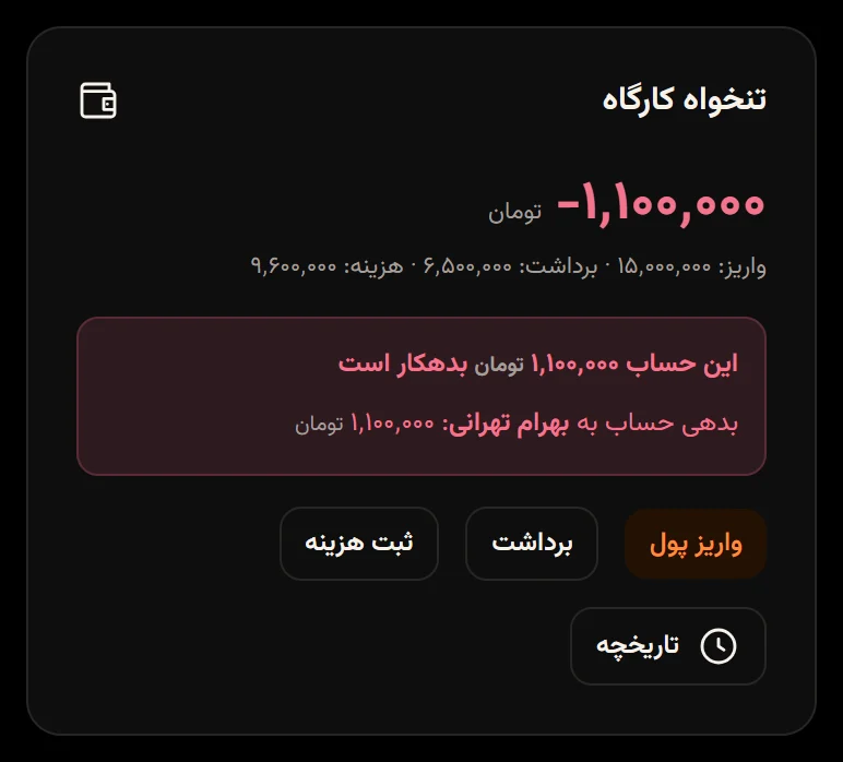 کارت تنخواه کارگاه به رنگ قرمز با موجودی منفی ۱٬۱۰۰٬۰۰۰ و کادر بدهی حساب به بهرام تهرانی.