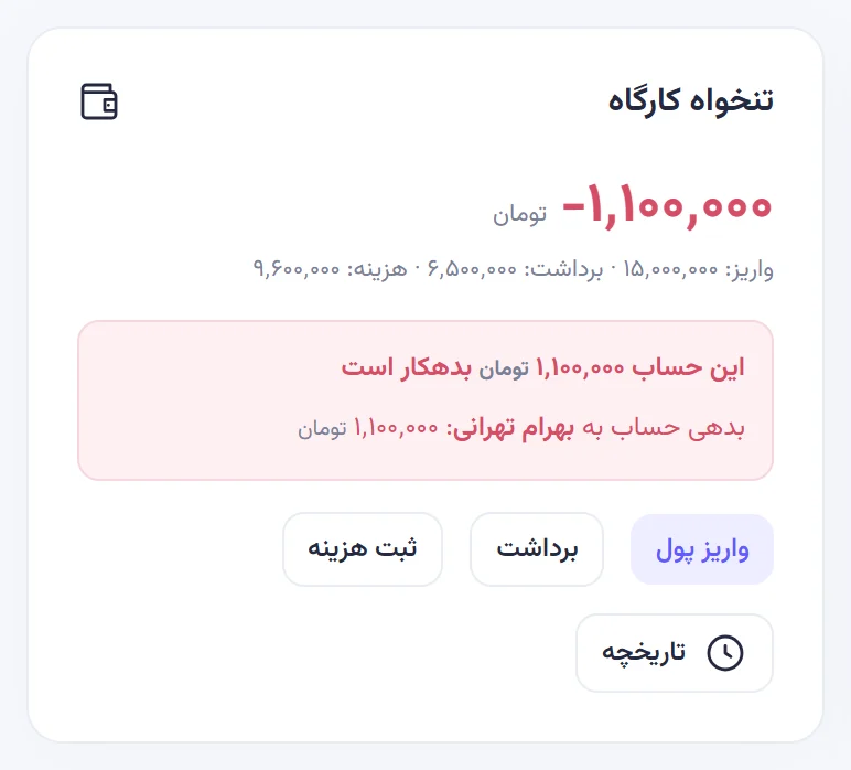 کارت تنخواه کارگاه به رنگ قرمز با موجودی منفی ۱٬۱۰۰٬۰۰۰ و کادر بدهی حساب به بهرام تهرانی.