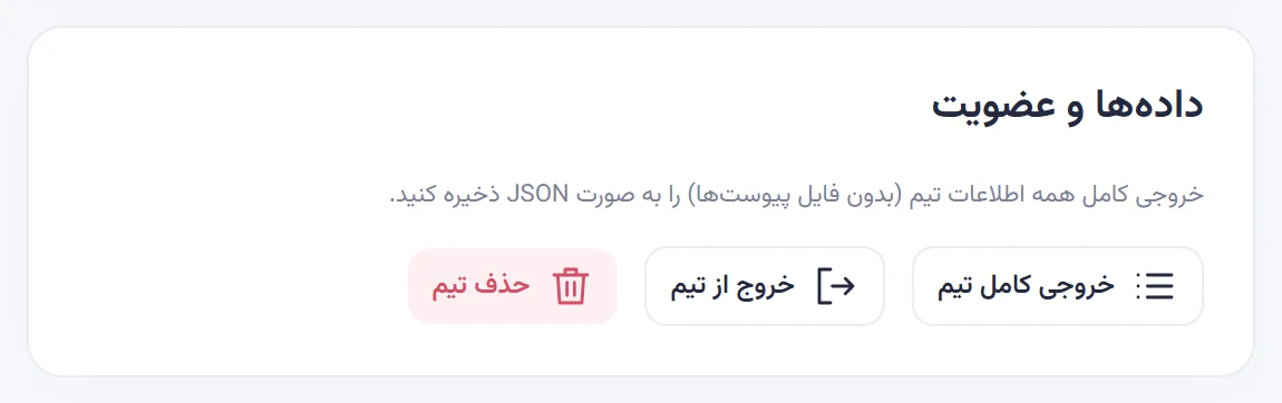بخش دادهها و عضویت با دکمههای خروجی کامل تیم، خروج از تیم و حذف تیم.