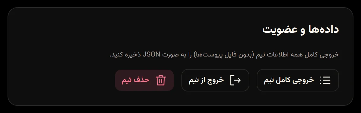 بخش دادهها و عضویت با دکمههای خروجی کامل تیم، خروج از تیم و حذف تیم.