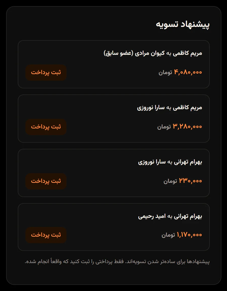 پنل پیشنهاد تسویه با چهار پرداخت پیشنهادی و دکمه ثبت پرداخت کنار هر کدام.