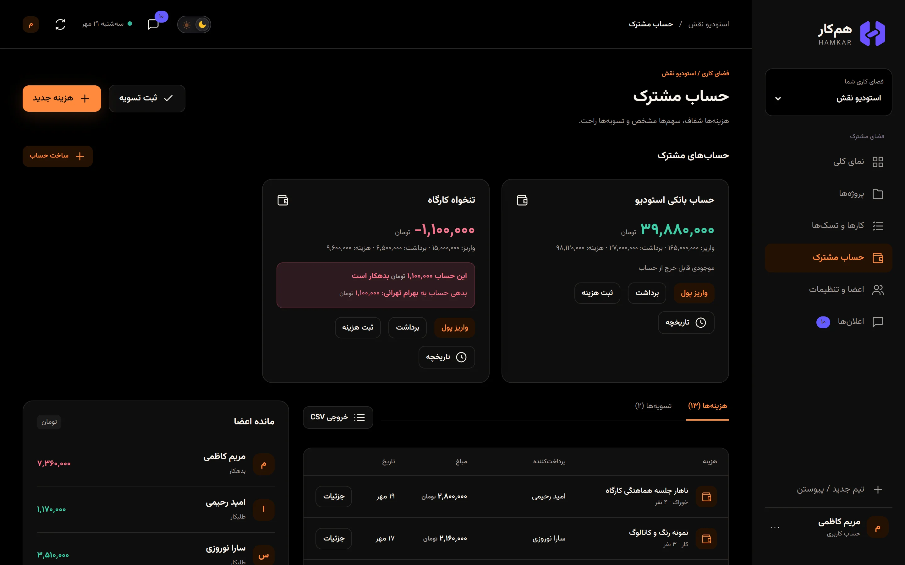 یک حساب، چند شریک، بدون دفترچه